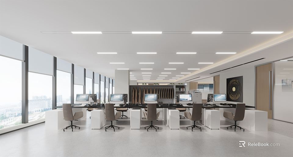 Modern Public Office Space Interior With Desks Computers And Office Chairs 3d model 