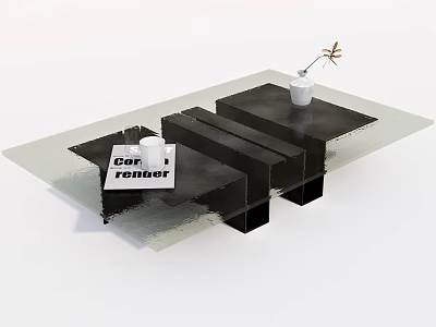 Modern Coffee Table Featuring Glass Top Black Base With Book Cup And Decorative Plant 3d model