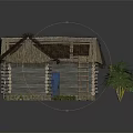 Traditional Log Cabin With Thatched Roof Blue Door Wooden Ladder And Green Plants