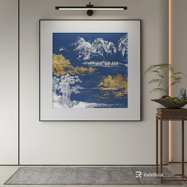 Elegant Abstract Painting With Blue Background White Gold Elements Hanging On Interior Wall 3d model
