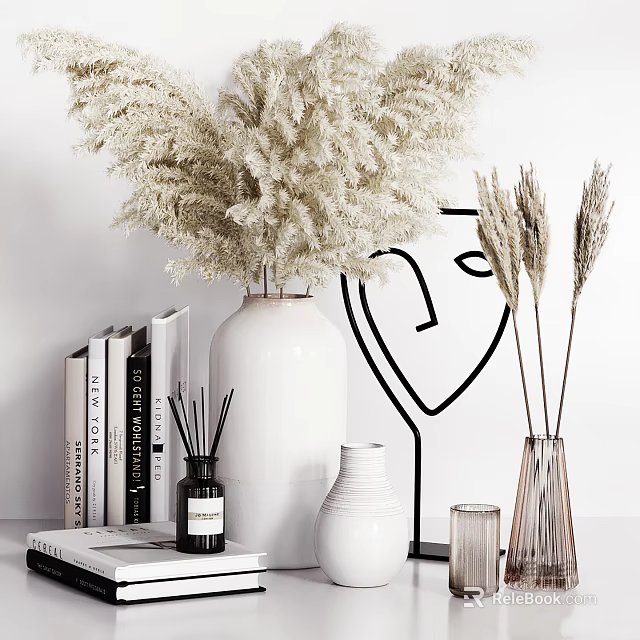 Elegant Decorative Ornament Collection With Ceramic Vases Dried Flowers And Geometric Art 3d model 