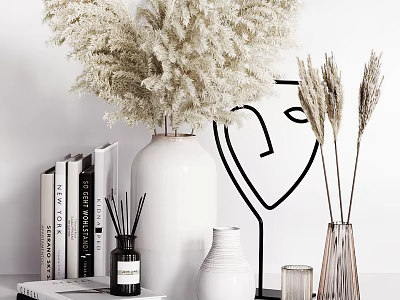 Elegant Decorative Ornament Collection With Ceramic Vases Dried Flowers And Geometric Art 3d model