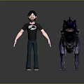 Male Character In Black T-Shirt Jeans Standing With Spiked Horned Purple Dinosaur And Saddle