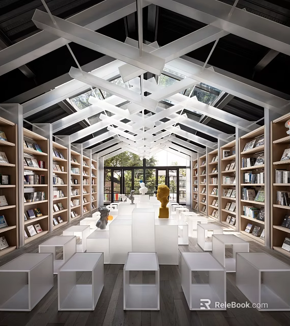 Artistic Book Interior Space With Modern Bookshelves White Benches Sculptures And Skylight Lighting 3d model 