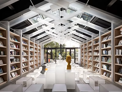 Artistic Book Interior Space With Modern Bookshelves White Benches Sculptures And Skylight Lighting 3d model