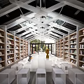 Artistic Book Interior Space With Modern Bookshelves White Benches Sculptures And Skylight Lighting