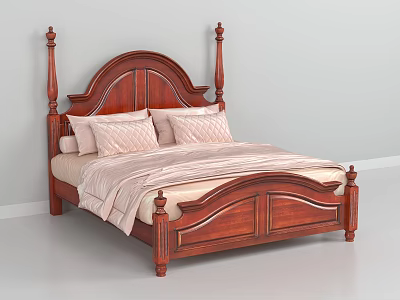 Wooden Double Bed With Curved Headboard Four Poster Design And Light Colored Bedding 3d model