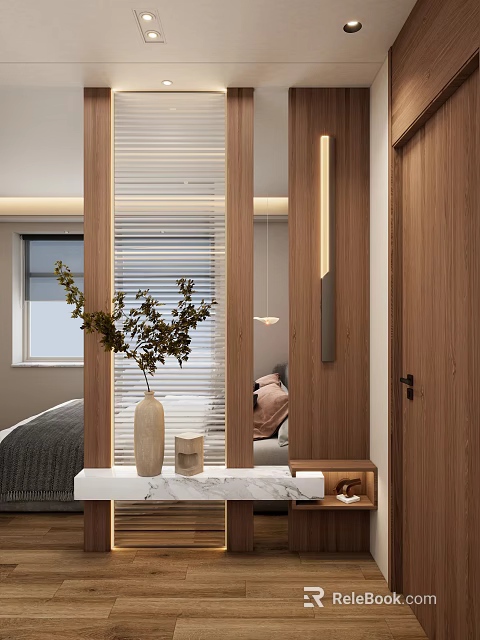 Modern Entryway Hallway Interior Design With Wooden Partition Vertical Blinds Green Plant And Marble Countertop 3d model 