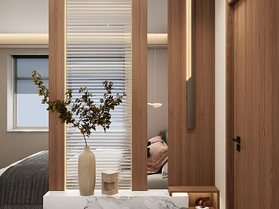 Modern Entryway Hallway Interior Design With Wooden Partition Vertical Blinds Green Plant And Marble Countertop 3d model