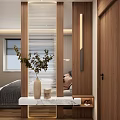 Modern Entryway Hallway Interior Design With Wooden Partition Vertical Blinds Green Plant And Marble Countertop