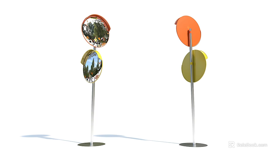 Standing Circular Decorative Pieces With Metal Pole Base And Orange Yellow Reflective Panels 3d model 