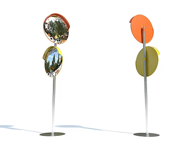 Standing Circular Decorative Pieces With Metal Pole Base And Orange Yellow Reflective Panels 3d model