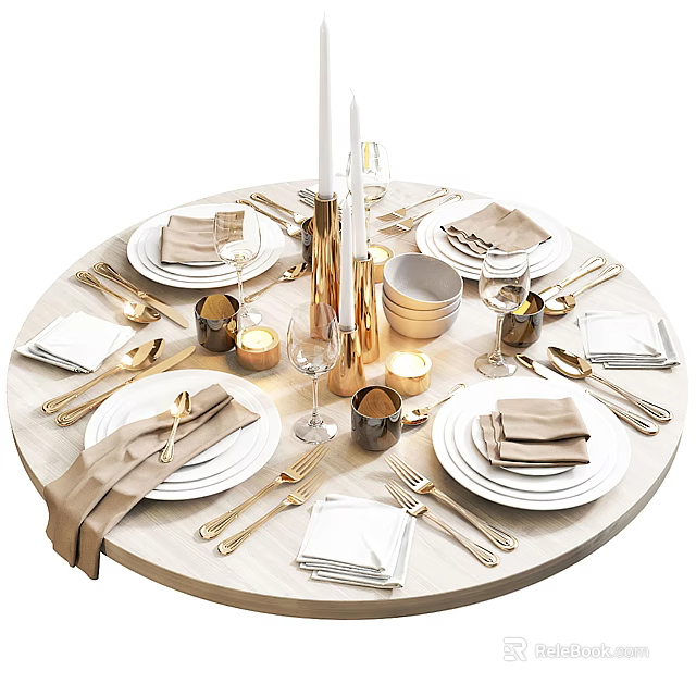 Elegant Dinnerware Set With White Plates Golden Cutlery Linen Napkins Candles On Round Wooden Table 3d model 