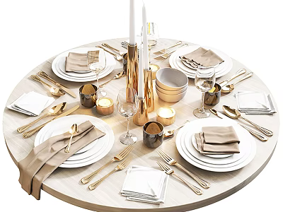 Elegant Dinnerware Set With White Plates Golden Cutlery Linen Napkins Candles On Round Wooden Table 3d model