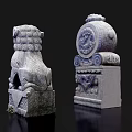 Traditional Chinese Stone Lion and Drum Garden Ornaments with Intricate Carved Patterns for Outdoor Decor