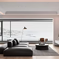 Modern Living Dining Room Interior With Black L-shaped Sofa Round Coffee Table And Sea View