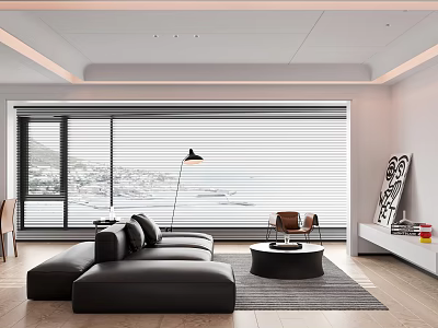 Modern Living Dining Room Interior With Black L-shaped Sofa Round Coffee Table And Sea View 3d model