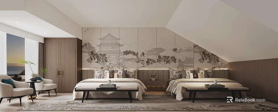 Traditional Chinese Bedroom Interior With Double Beds Architecture Mural Headboard And Nightstands 3d model 