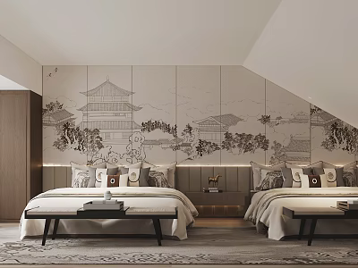 Traditional Chinese Bedroom Interior With Double Beds Architecture Mural Headboard And Nightstands 3d model