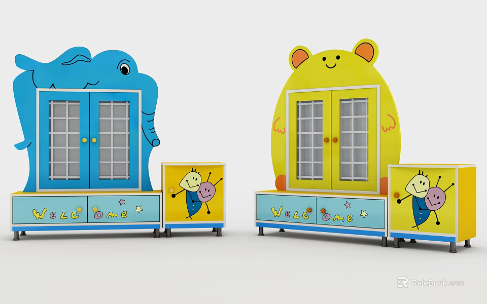 Children's Storage Cabinet with Blue Elephant Yellow Bear Shapes and Cartoon Bee Star Patterns 3d model 