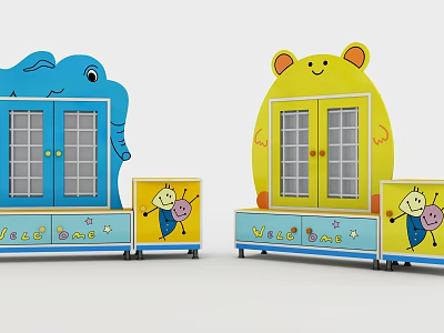 Children's Storage Cabinet with Blue Elephant Yellow Bear Shapes and Cartoon Bee Star Patterns 3d model