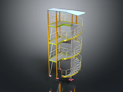 Modern Spiral Staircase With Yellow Frame Glass Canopy And Metal Railings 3d model
