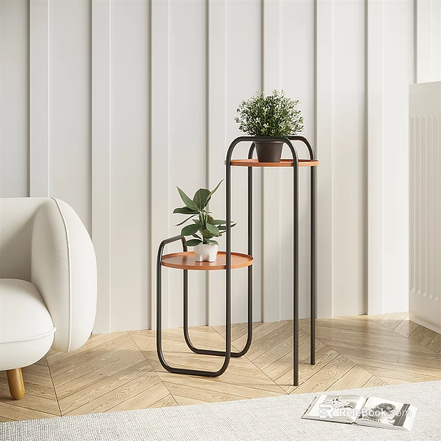 Modern Interior Garden Decor With Metal Frame Plant Stands And Green Potted Plants 3d model 