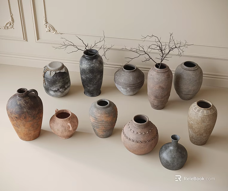 Assorted Ceramic Vessels in Earth Tones with Different Shapes on Light Background 3d model