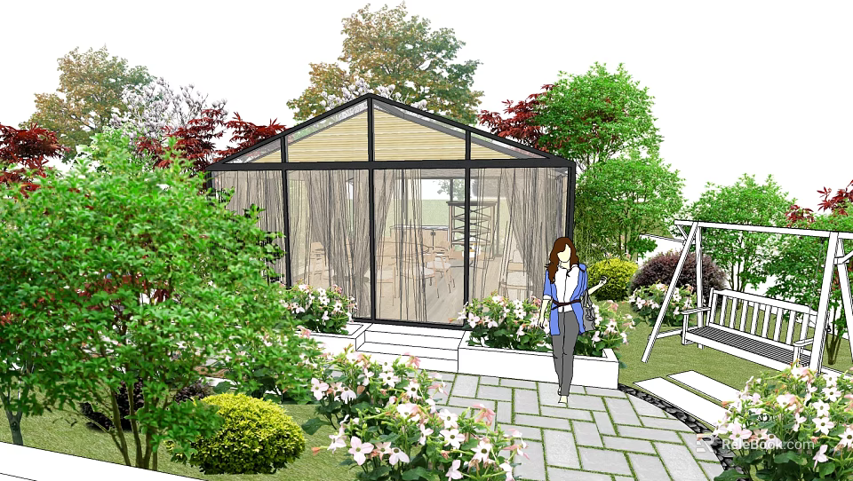 Serene Garden Landscape With Glass Greenhouse Green Plants Colorful Flowers And Stone Path 3d model 