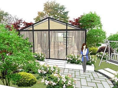 Serene Garden Landscape With Glass Greenhouse Green Plants Colorful Flowers And Stone Path 3d model