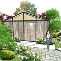 Serene Garden Landscape With Glass Greenhouse Green Plants Colorful Flowers And Stone Path