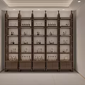 Wooden Display Shelves in Modern Interior with Various Small Bottles Neatly Arranged on Multiple Layers