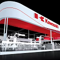 Modern Exhibition Booth Design With Red White Curved Roof Large Screen And Illuminated Lighting
