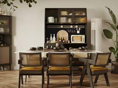 Modern Restaurant Interior With Dining Table Rattan Chairs Cabinet And Green Plant 3d model