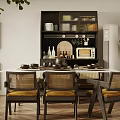 Modern Restaurant Interior With Dining Table Rattan Chairs Cabinet And Green Plant
