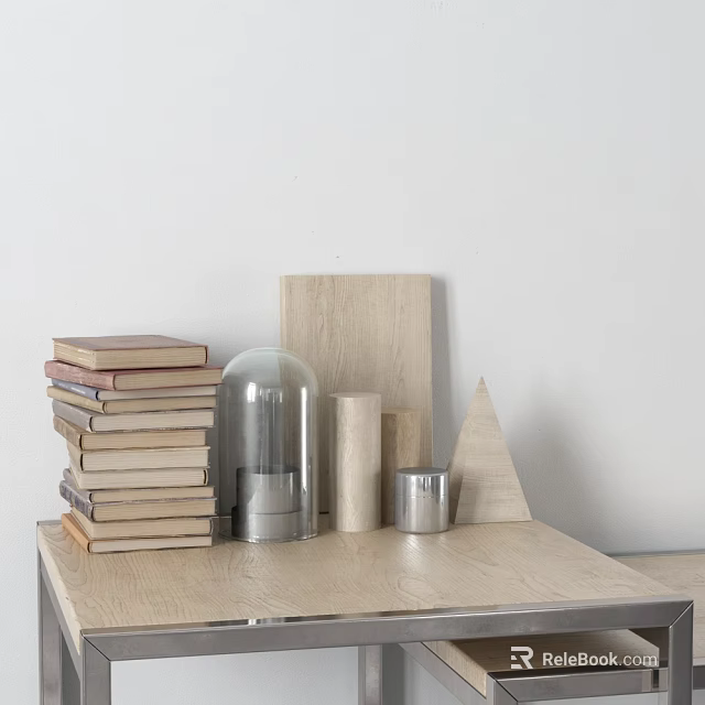Stack of Books and Magazines on Wooden Table With Glass Cloche and Geometric Decor 3d model 