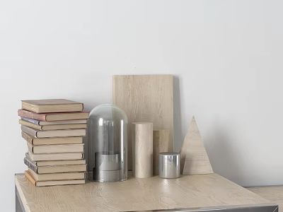 Stack of Books and Magazines on Wooden Table With Glass Cloche and Geometric Decor 3d model