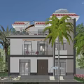 Modern White Exterior Detached Villa With Red Tile Roof Balcony And Palm Tree Garden Courtyard