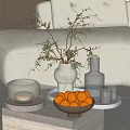 Decorative Ornament Set With Vase Twigs Glass Bottle Bowl Of Oranges Glass Cups And Lantern