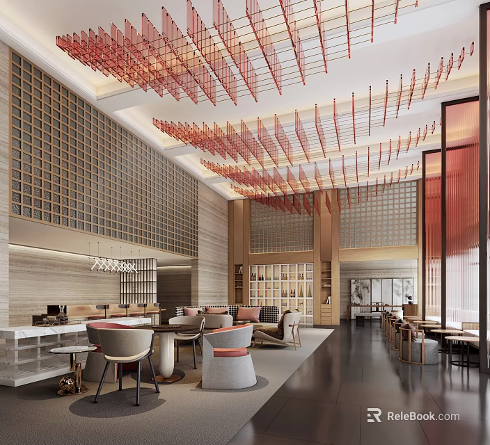 Spacious Hotel Lobby Interior With Red Hanging Decor And Wooden Elements Design 3d model