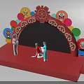 Traditional Chinese Opera Stage with Performers Red Arch and Colorful Facial Decorations