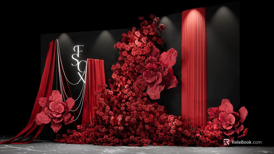 Stunning Red Flowers Photo Spot With Black Background Red Curtains And Letters 3d model 