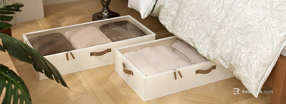 Beige Fabric Storage Baskets With Clear Lids And Brown Handles For Bedroom Quilt Storage 3d model 