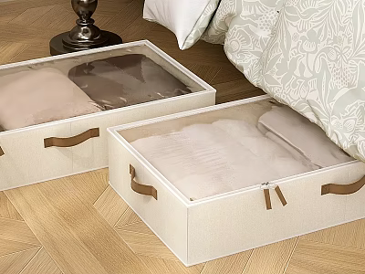Beige Fabric Storage Baskets With Clear Lids And Brown Handles For Bedroom Quilt Storage 3d model