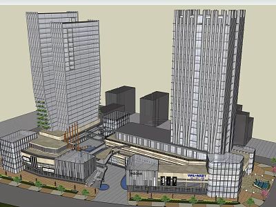 Modern Glass Facade Commercial Complex With Tall Office Towers Retail Plaza And Greenery 3d model