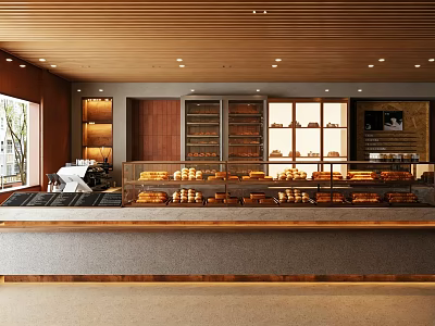 Modern Dessert Shop Interior With Glass Display Cases And Wooden Ceiling Lighting 3d model
