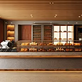 Modern Dessert Shop Interior With Glass Display Cases And Wooden Ceiling Lighting