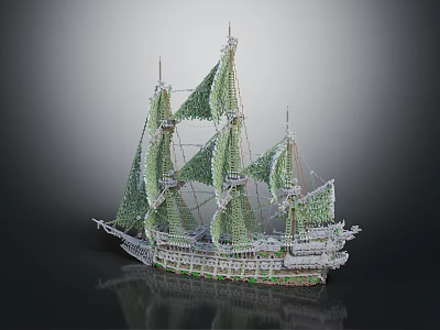 Cartoon Scene Sailing Ship With Green White Sails And Ornate Hull Details 3d model