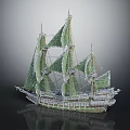 Cartoon Scene Sailing Ship With Green White Sails And Ornate Hull Details