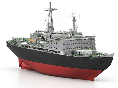 Gray And Red Model Ship With Multiple Decks Masts And Antennas 3d model